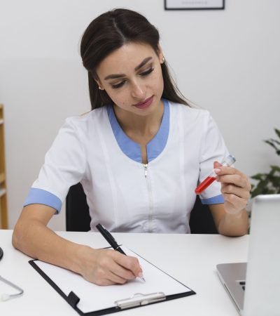 beautiful-doctor-writing-report-holding-blood-sample