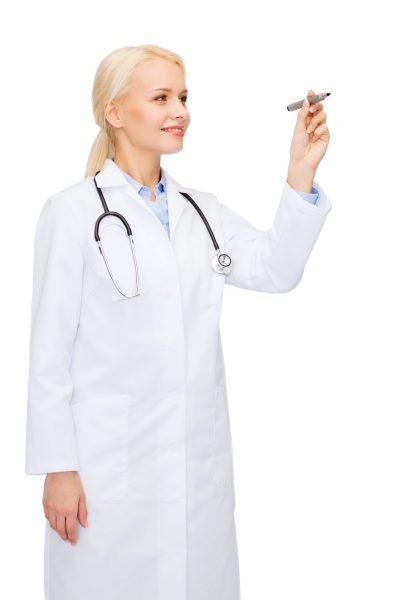 healthcare, medical and technology concept - young female doctor writing something in the air